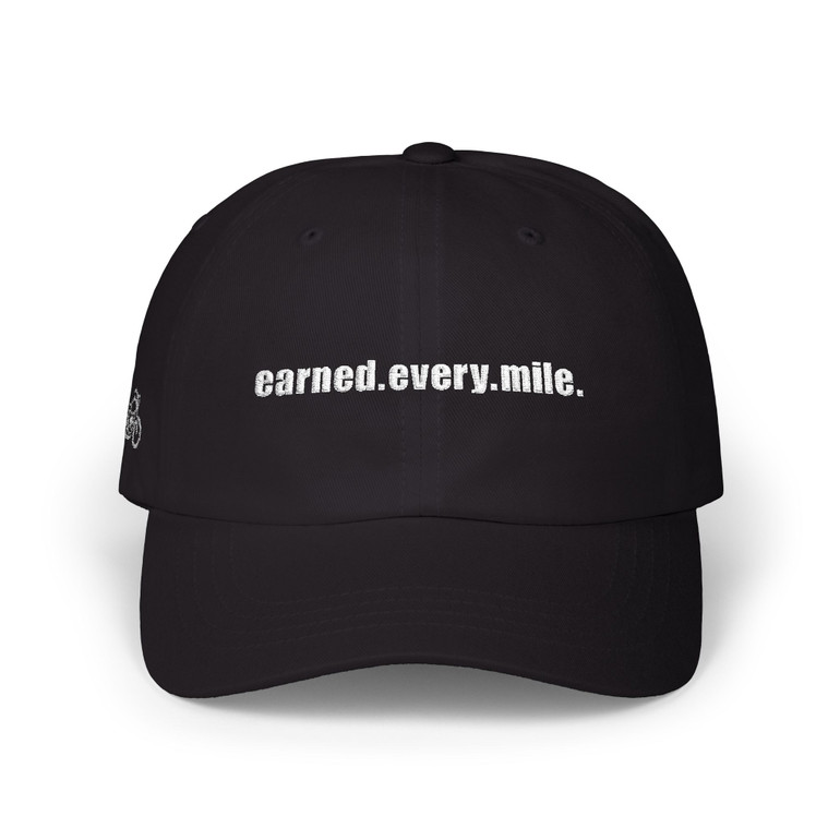 Dad Cap — 'earned.every.mile.' - Embroidered Baseball Hat - Motorcycle on Side - Color Choice