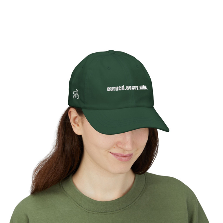 Dad Cap — 'earned.every.mile.' - Embroidered Baseball Hat - Motorcycle on Side - Color Choice