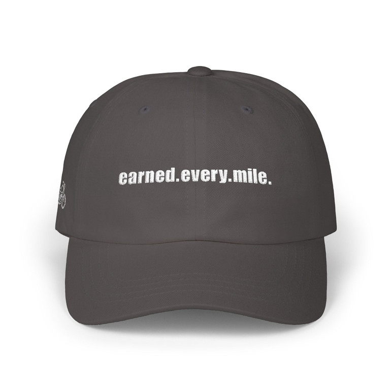 Dad Cap — 'earned.every.mile.' - Embroidered Baseball Hat - Motorcycle on Side - Color Choice