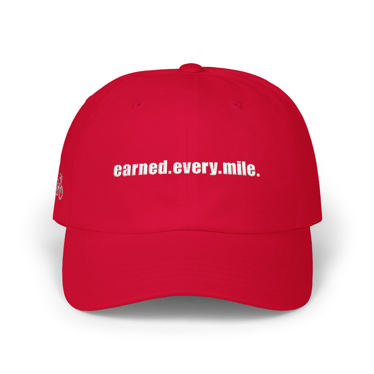 Dad Cap — 'earned.every.mile.' - Embroidered Baseball Hat - Motorcycle on Side - Color Choice