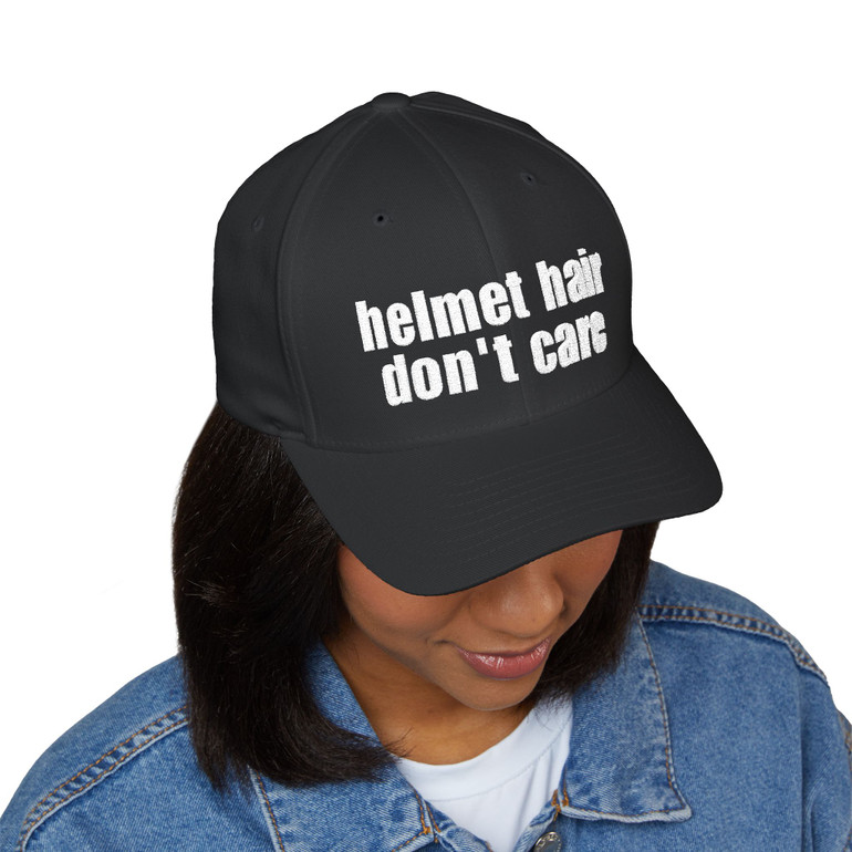 helmet hair don't care Embroidered Cap — Camo or Solid Colors - Motorcycle Hat