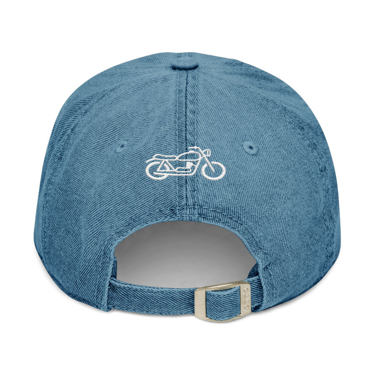 Embroidered Denim Hat - "helmet hair don't care" - Motorcycle on Back - Blue or Black - Biker Cap