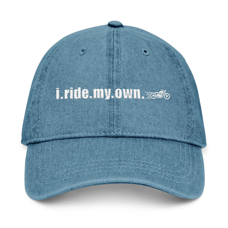 Embroidered Denim Hat - "i.ride.my.own." - Motorcycle in Motion - Blue or Black - Biker Cap