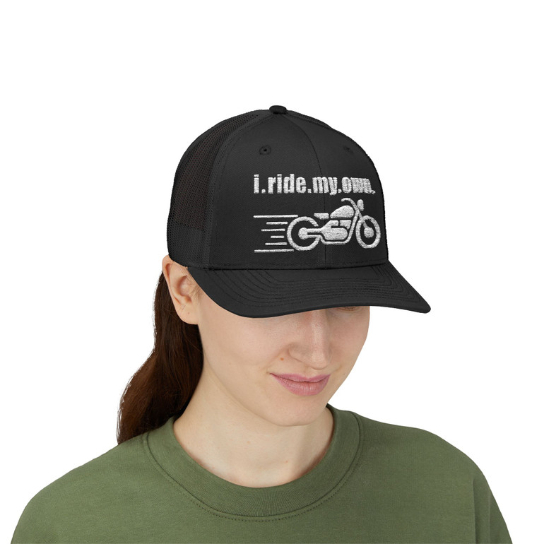 I Ride My Own Motorcycle Trucker Cap – Color Choice - Distressed Biker Snapback