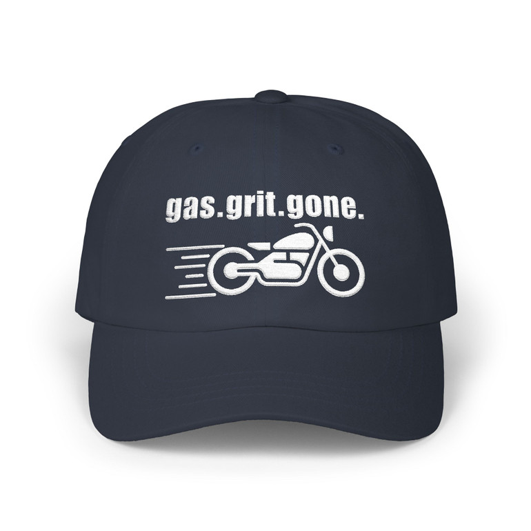 Dad Cap — 'gas.grit.gone.' - Embroidered Baseball Hat - Motorcycle in Motion - Biker - Color Choice