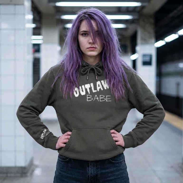 Outlaw Babe Hoodie - Embroidered Chest and Sleeve - Graphic Pigment-Dyed Pullover