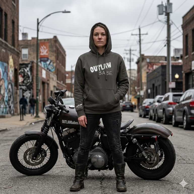 Outlaw Babe Hoodie - Embroidered Chest and Sleeve - Graphic Pigment-Dyed Pullover