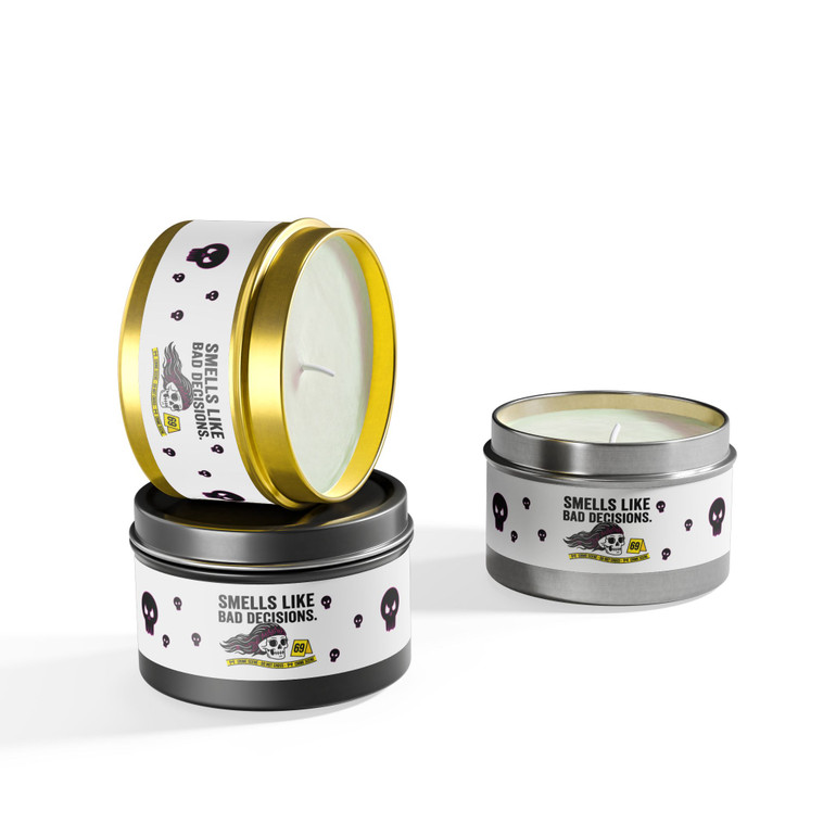 Tin Candle - 'Smells Like Bad Decisions' Scented Tin Candle with Skull Design