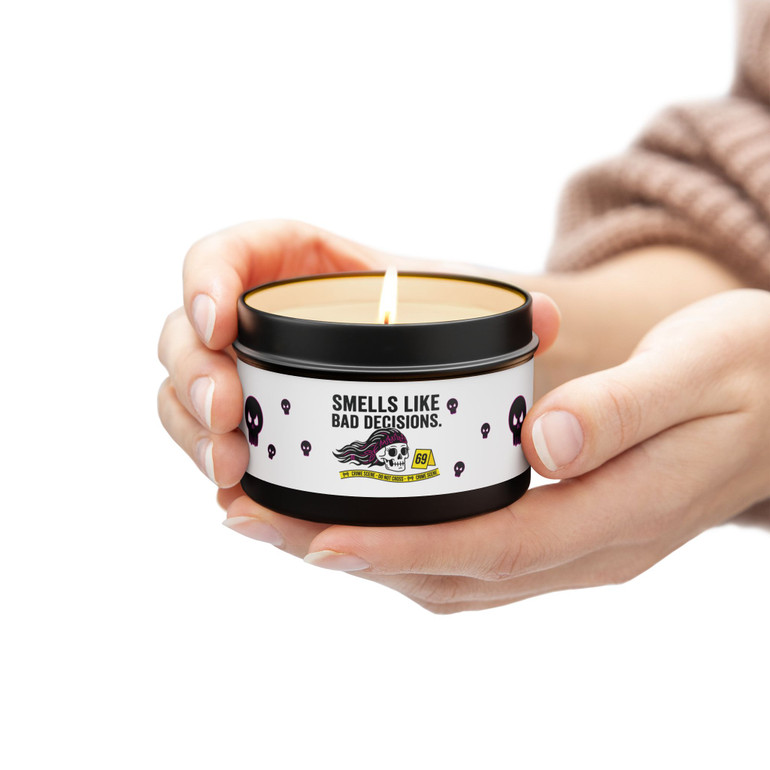 Tin Candle - 'Smells Like Bad Decisions' Scented Tin Candle with Skull Design