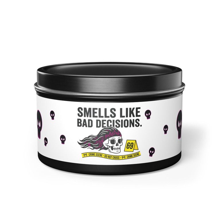 Tin Candle - 'Smells Like Bad Decisions' Scented Tin Candle with Skull Design
