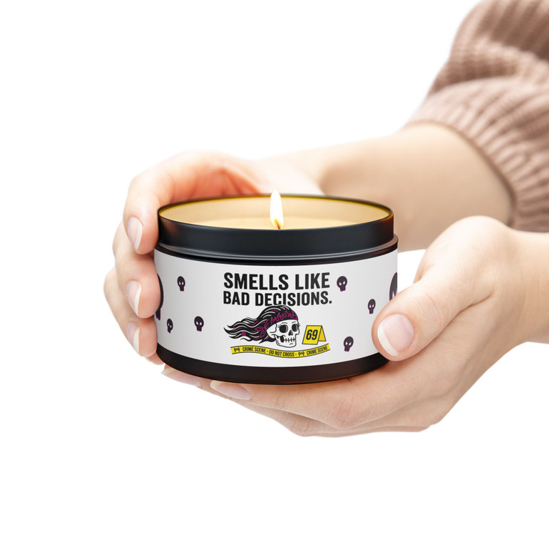 Tin Candle - 'Smells Like Bad Decisions' Scented Tin Candle with Skull Design
