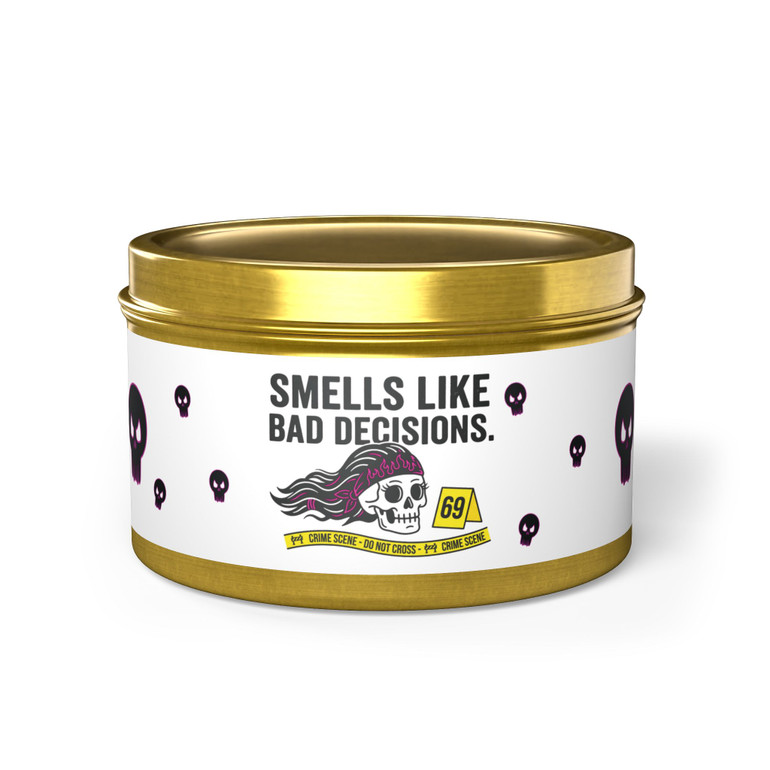 Tin Candle - 'Smells Like Bad Decisions' Scented Tin Candle with Skull Design