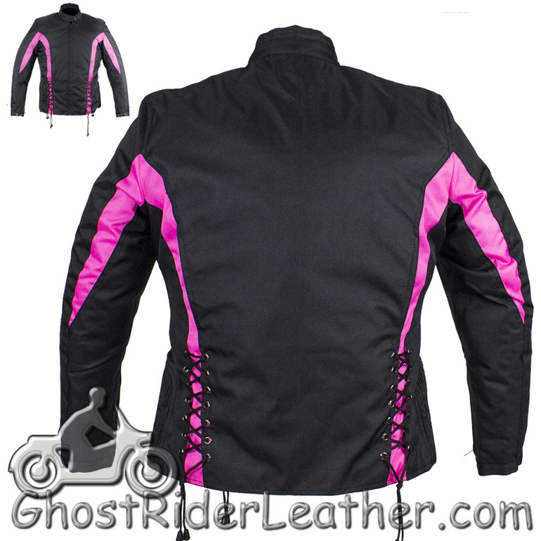 Ladies Textile Racing Jacket In Black and Pink - SKU LJ266-CCN-PINK-DL