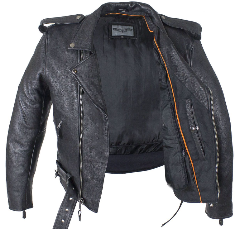 Leather Motorcycle Jacket - Men's - Police - Side Laces and Vents - Up To Size 72 - MJ201-SS-DL