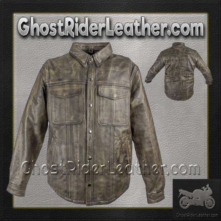 Leather Shirt - Men's - Distressed Brown - Concealed Carry Pockets - MJ777-12L-DL