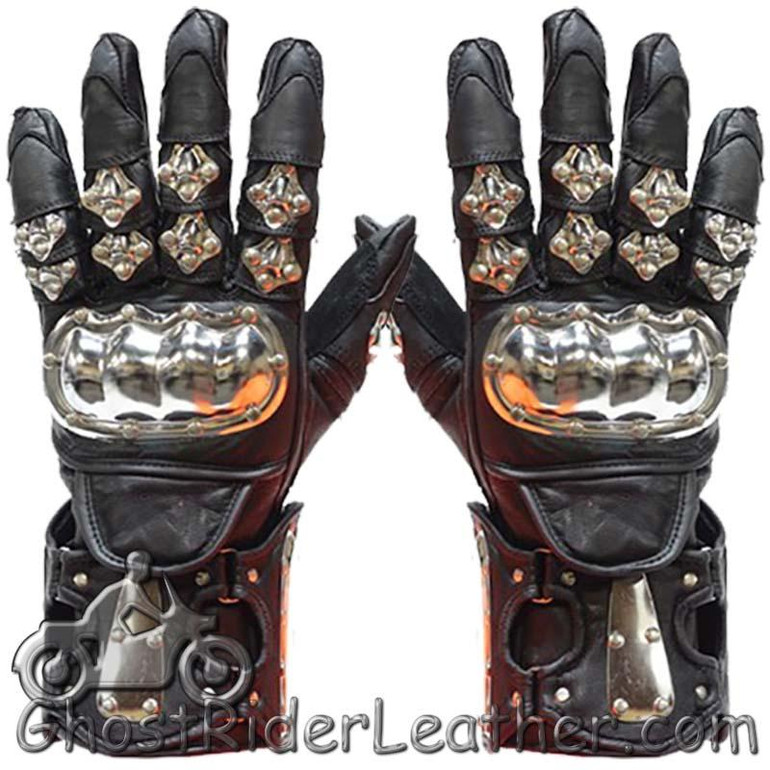 Leather Gloves - Men's - Racing Gauntlets - Metal Knuckle Protectors - GLZ8-DL
