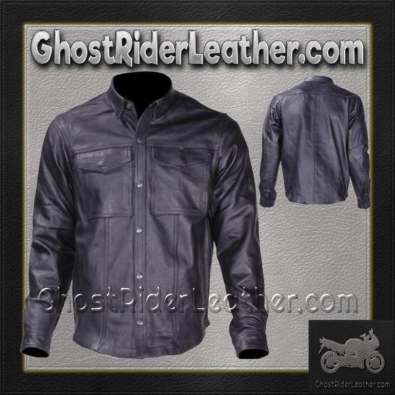 Men's Leather Shirt with Concealed Carry Pockets - MJ777-07-DL