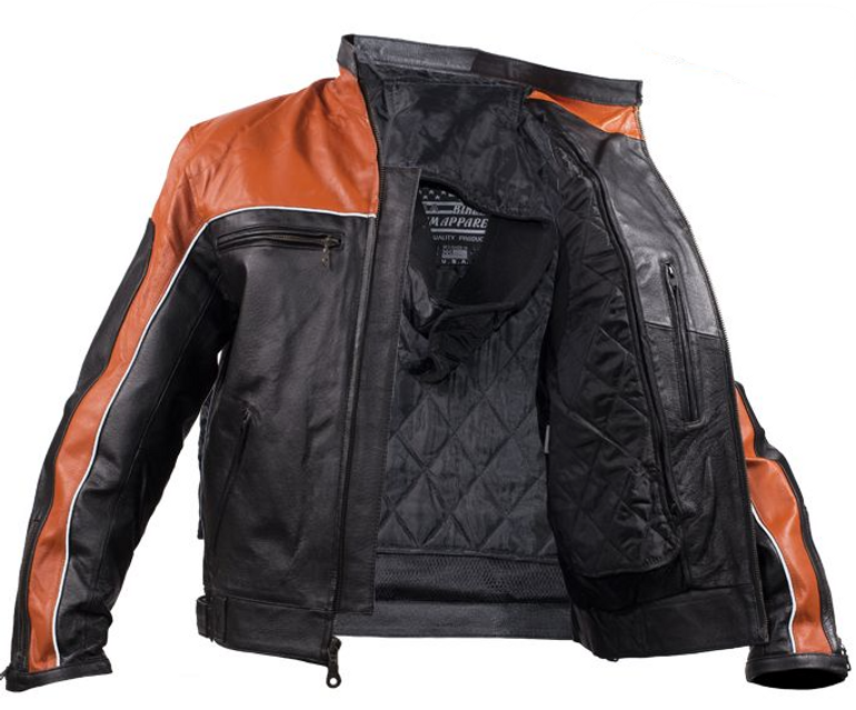 Leather Motorcycle Jacket - Men's -  Orange and Black - MJ780-ORG-DL