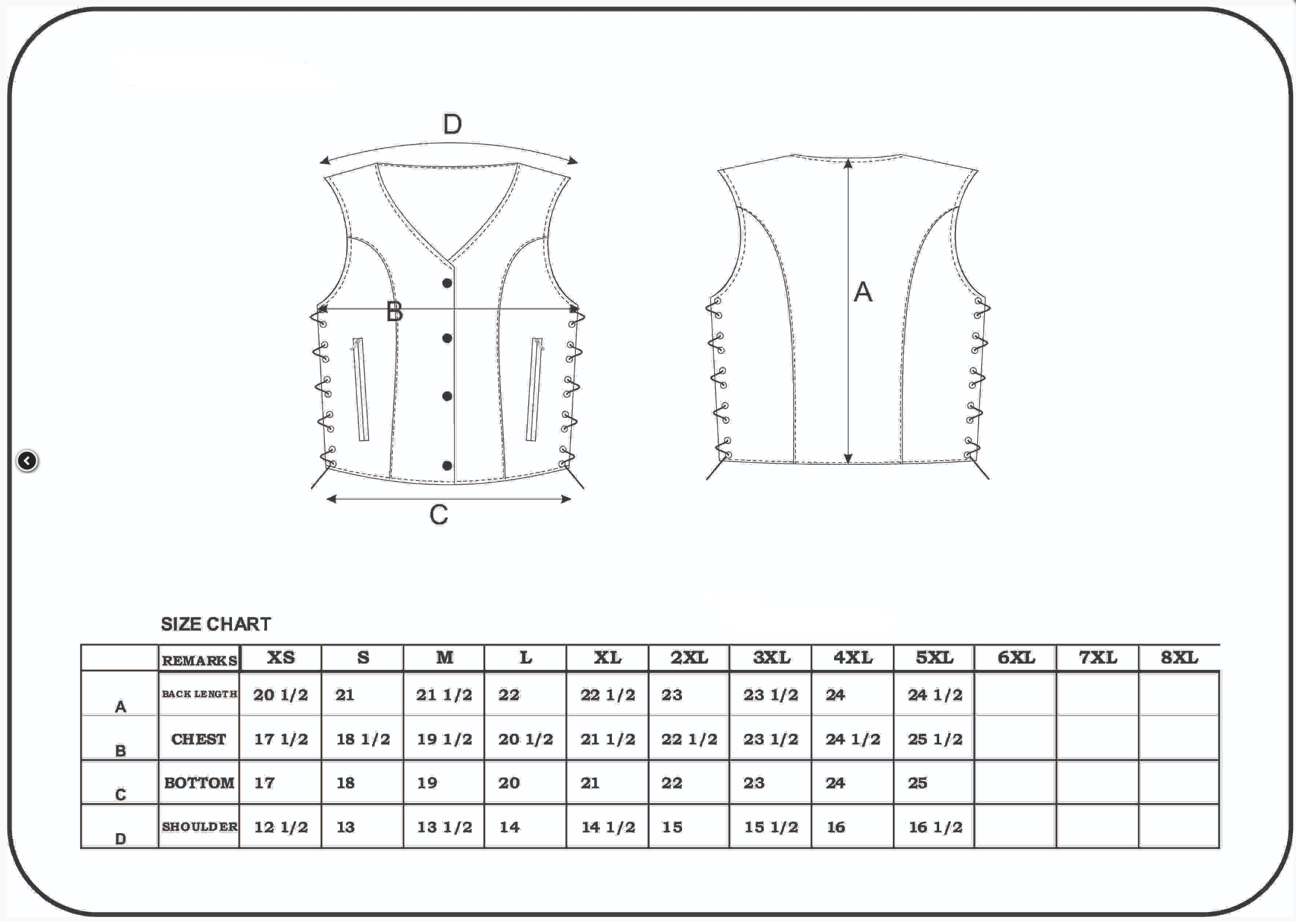 Size chart for women's leather motorcycle vest.