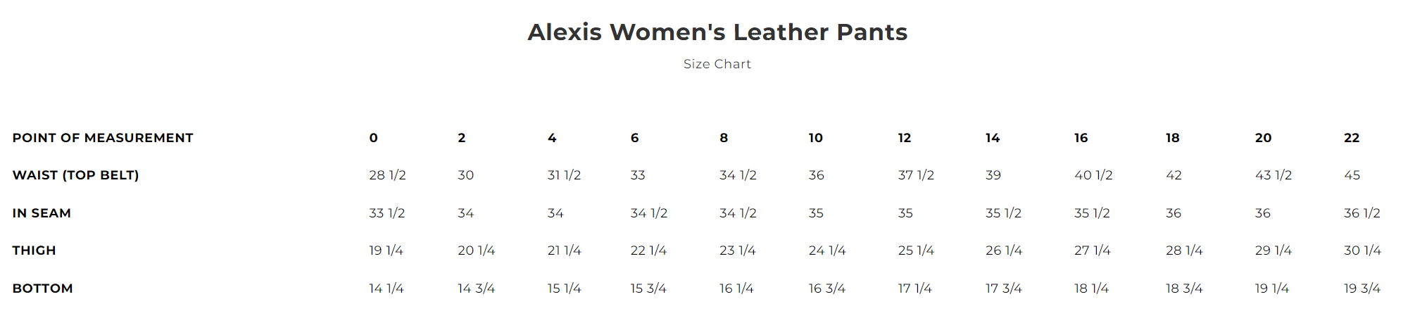 Size chart for women's leather Alexis pants.