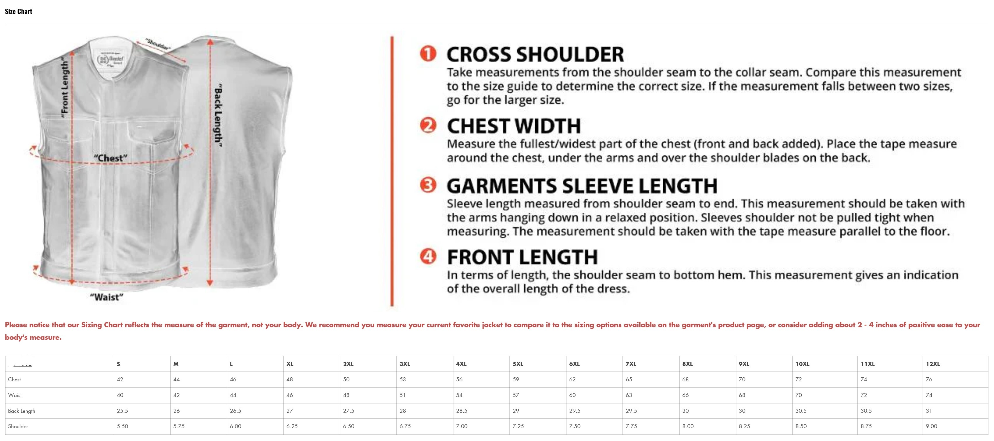 Dawn Run Size Chart for men's leather vest.