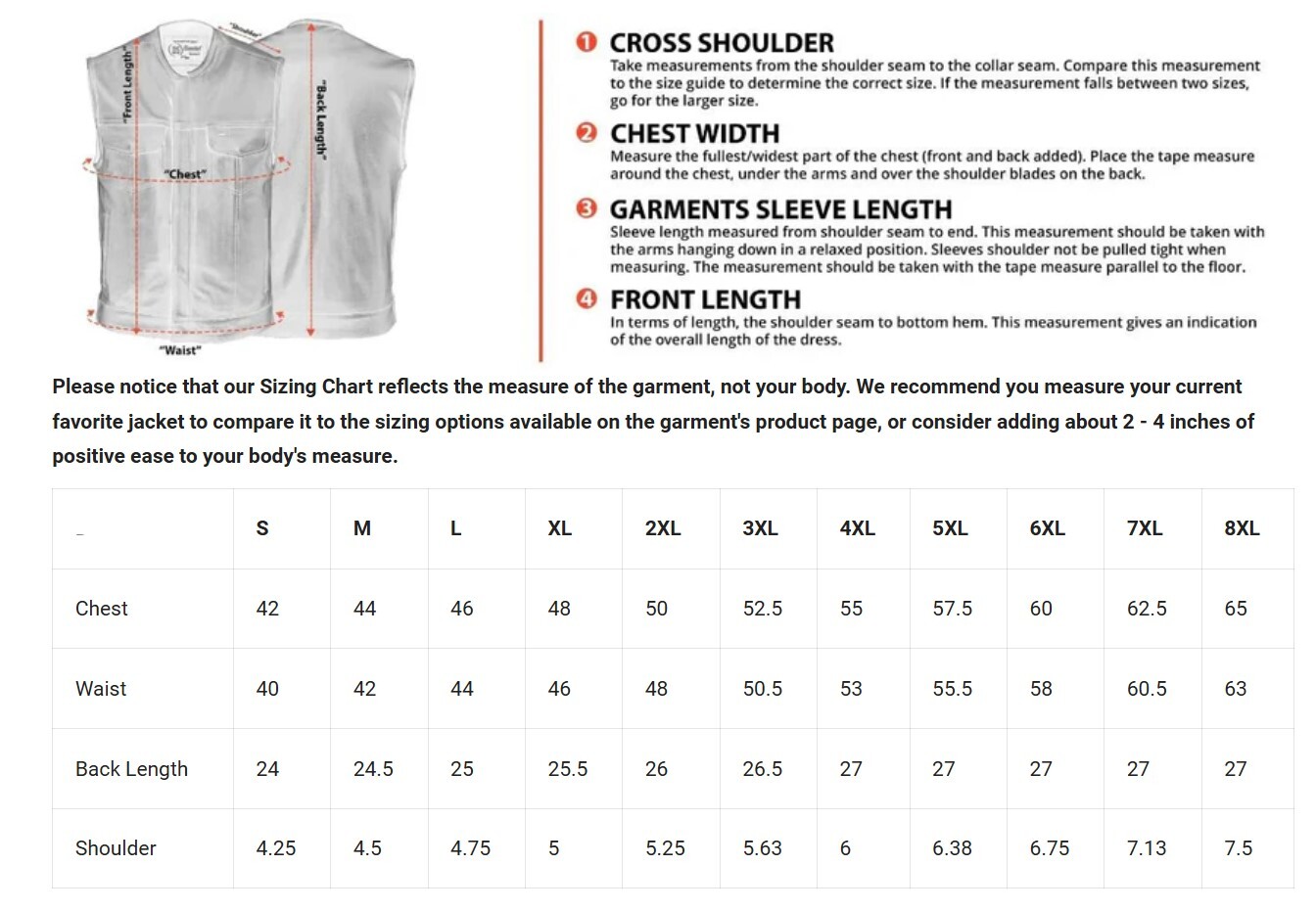 Size chart for men's Antique Charm, distressed brown leather vest.