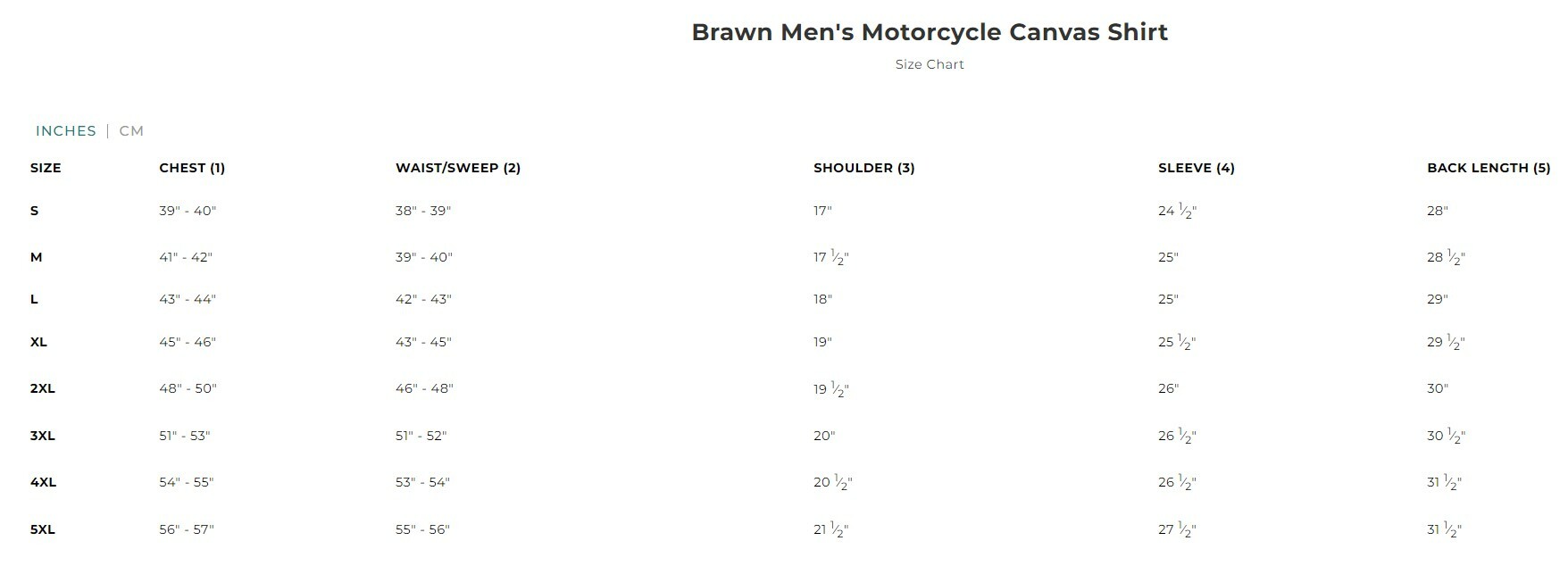 Size chart for Brawn, men's duck canvas motorcycle shirt.