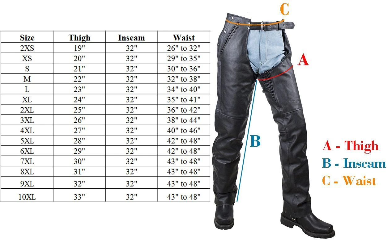 Size chart for men's plain leather chaps.