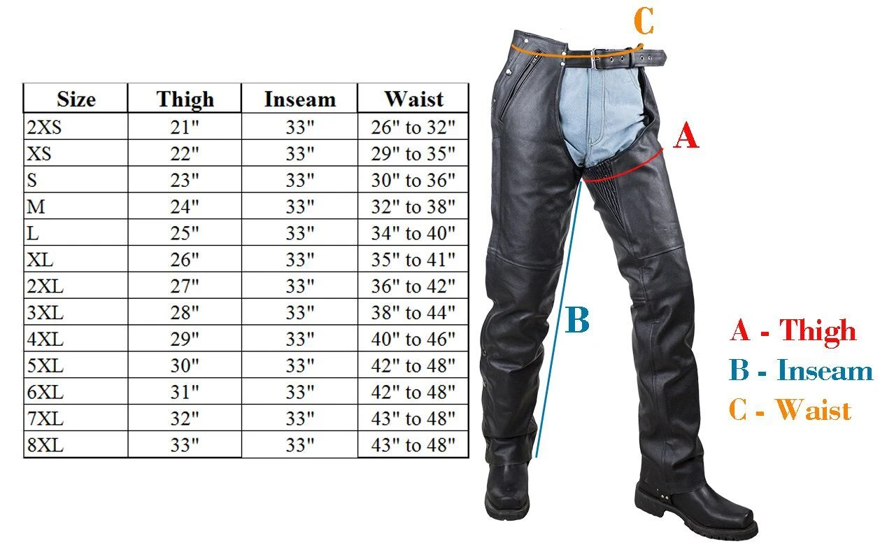 Size chart for men's plain leather chaps.