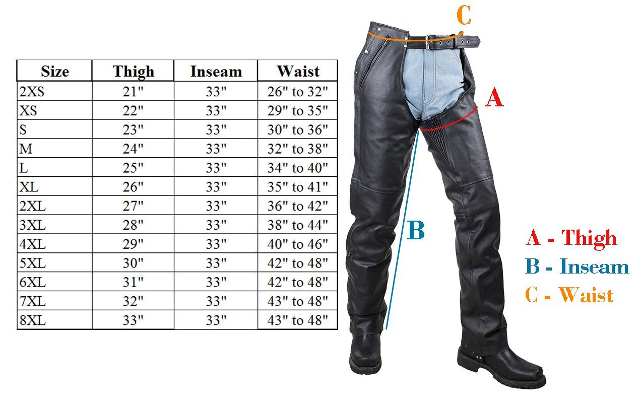 Size chart for men's and women's leather chaps with braid design.