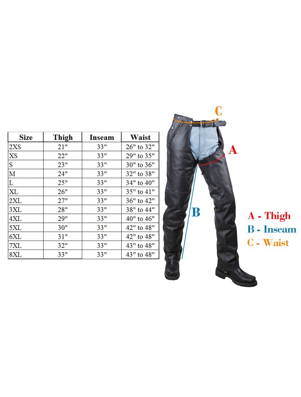 Leather Motorcycle Chaps - Men's Women's Unisex - 4 Pocket - 7145-UN