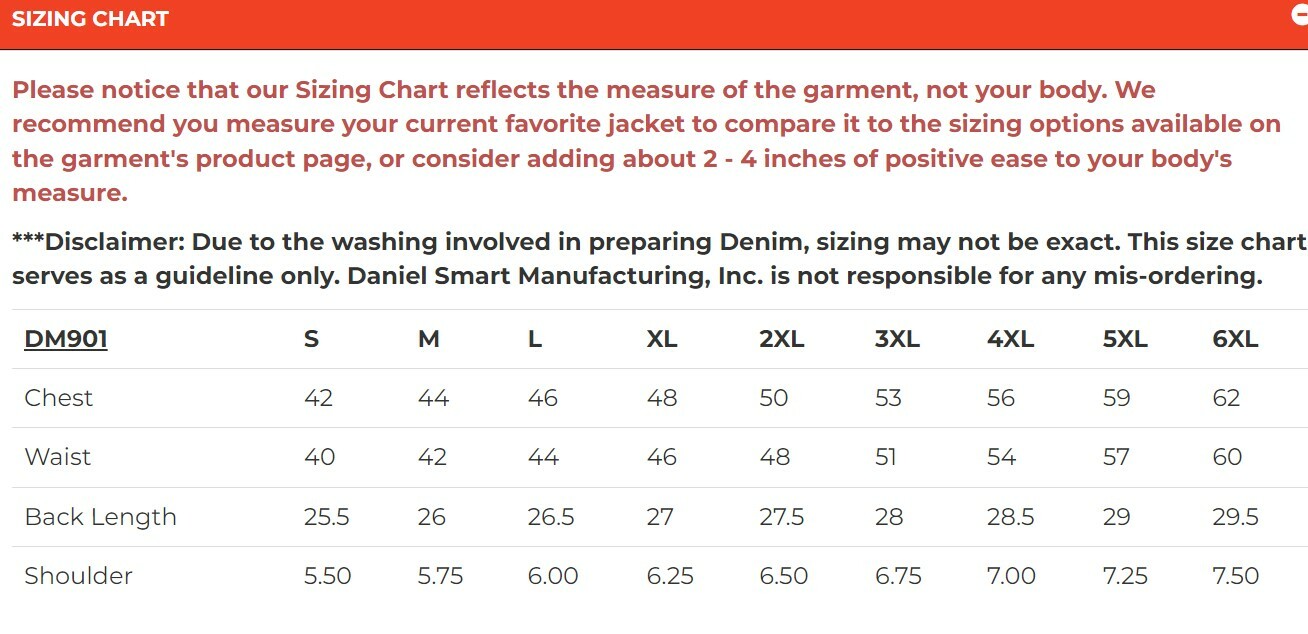 Size chart for men's leather and denim combo motorcycle vest.