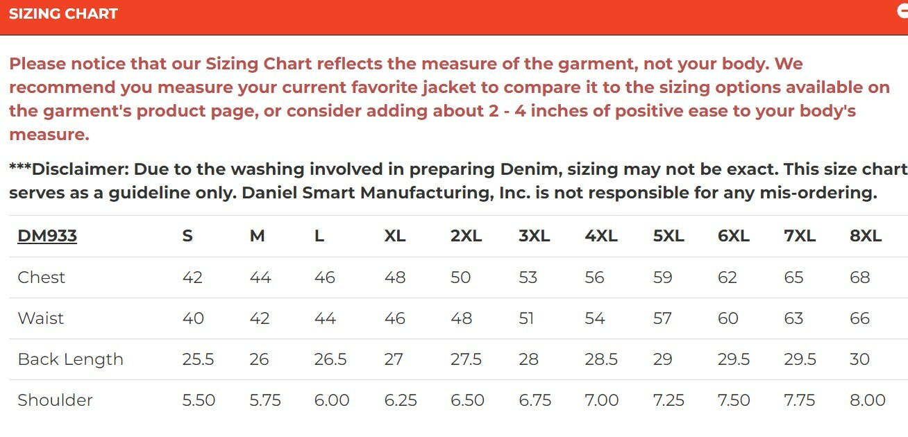 Size chart for men's leather and blue denim biker vest.