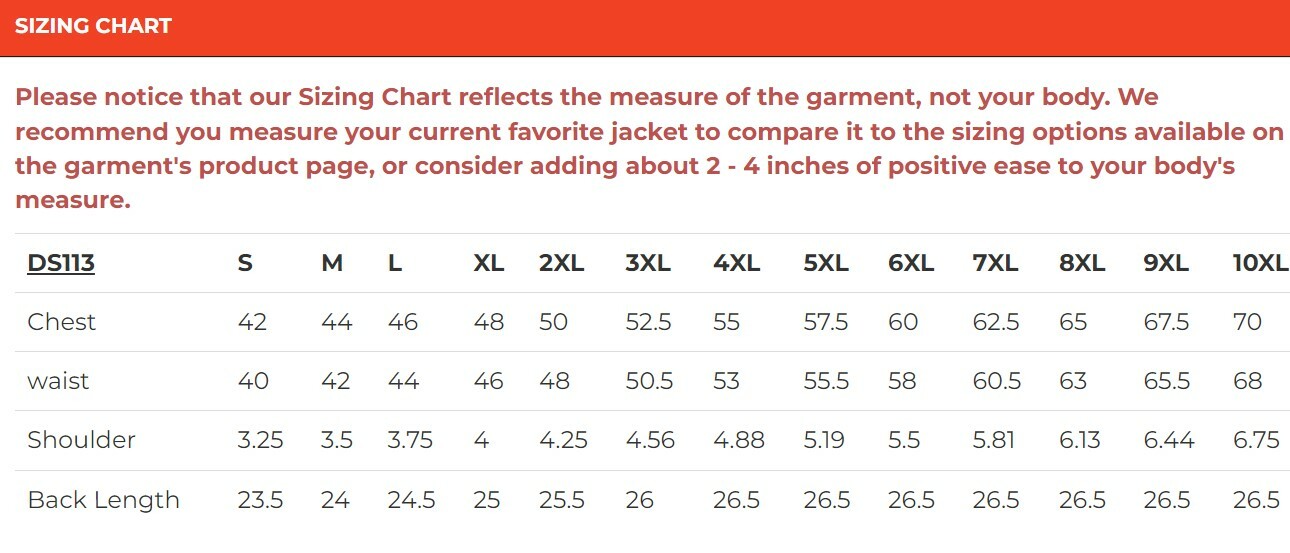 Size chart for men's textile 10 pocket vest.