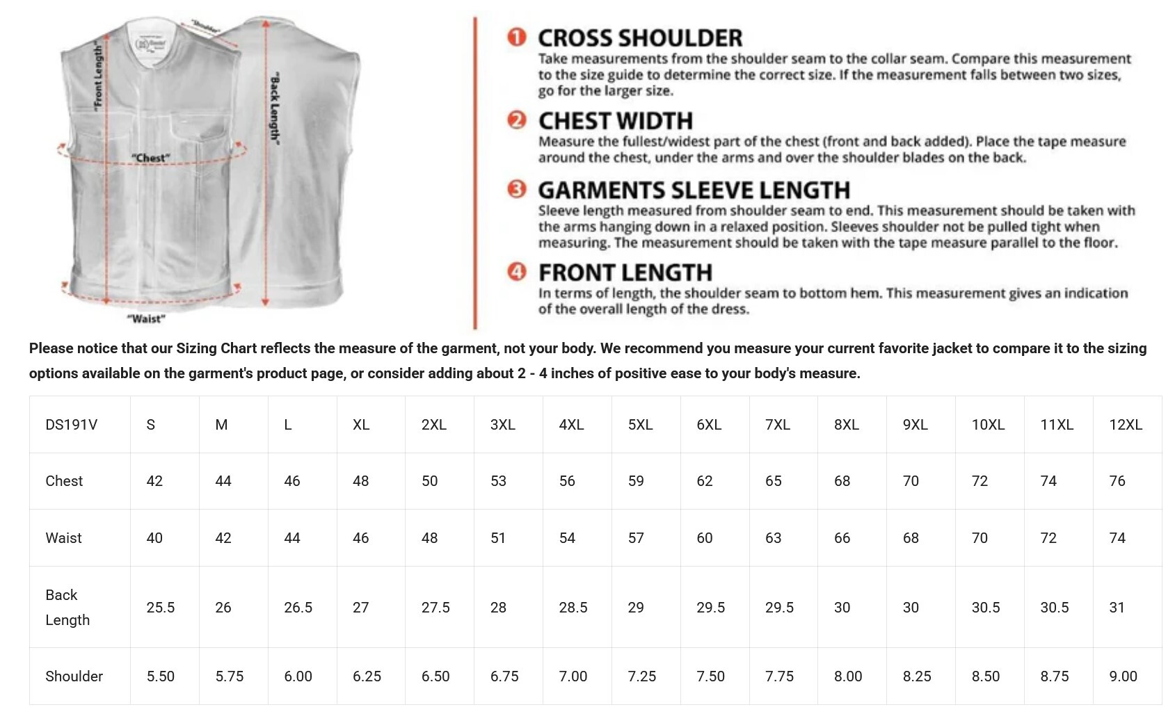 Size chart for men's gray vintage style motorcycle vest.