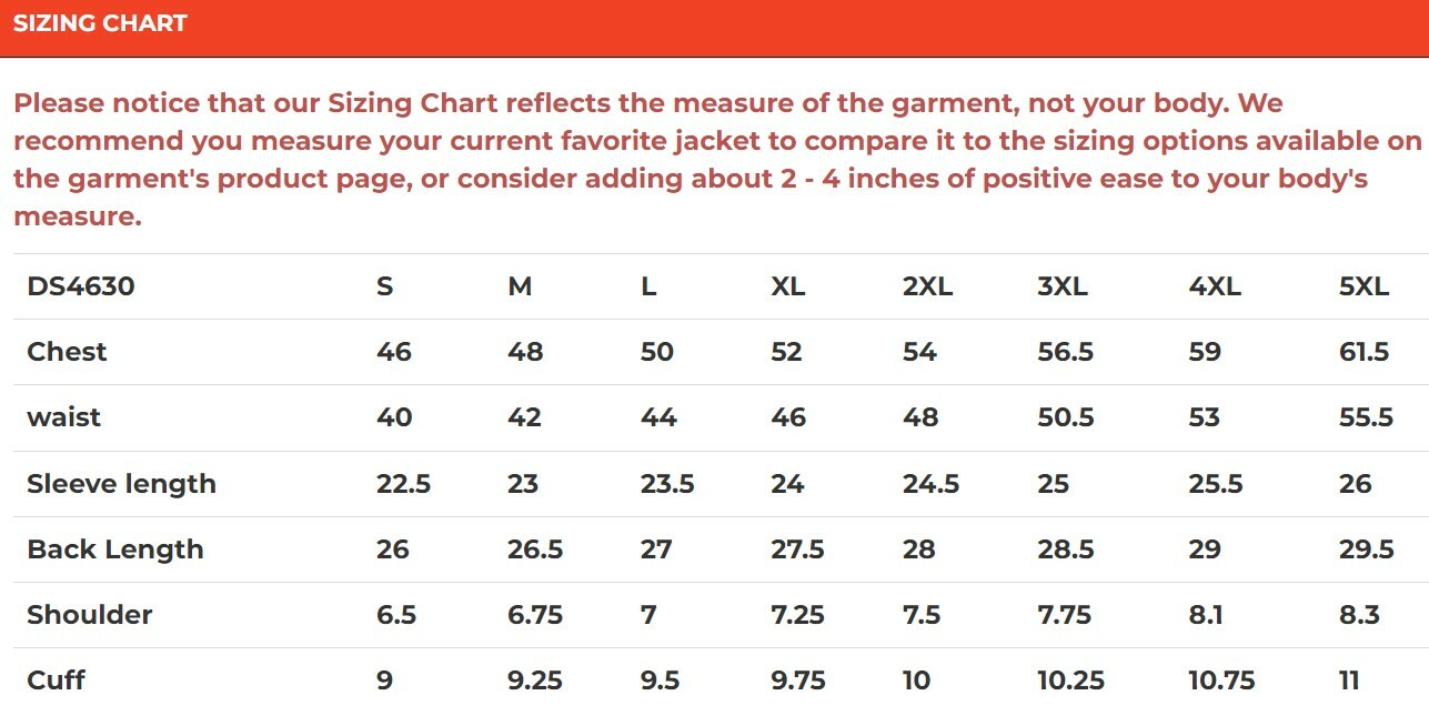 Size chart for men's mesh motorcycle jacket.