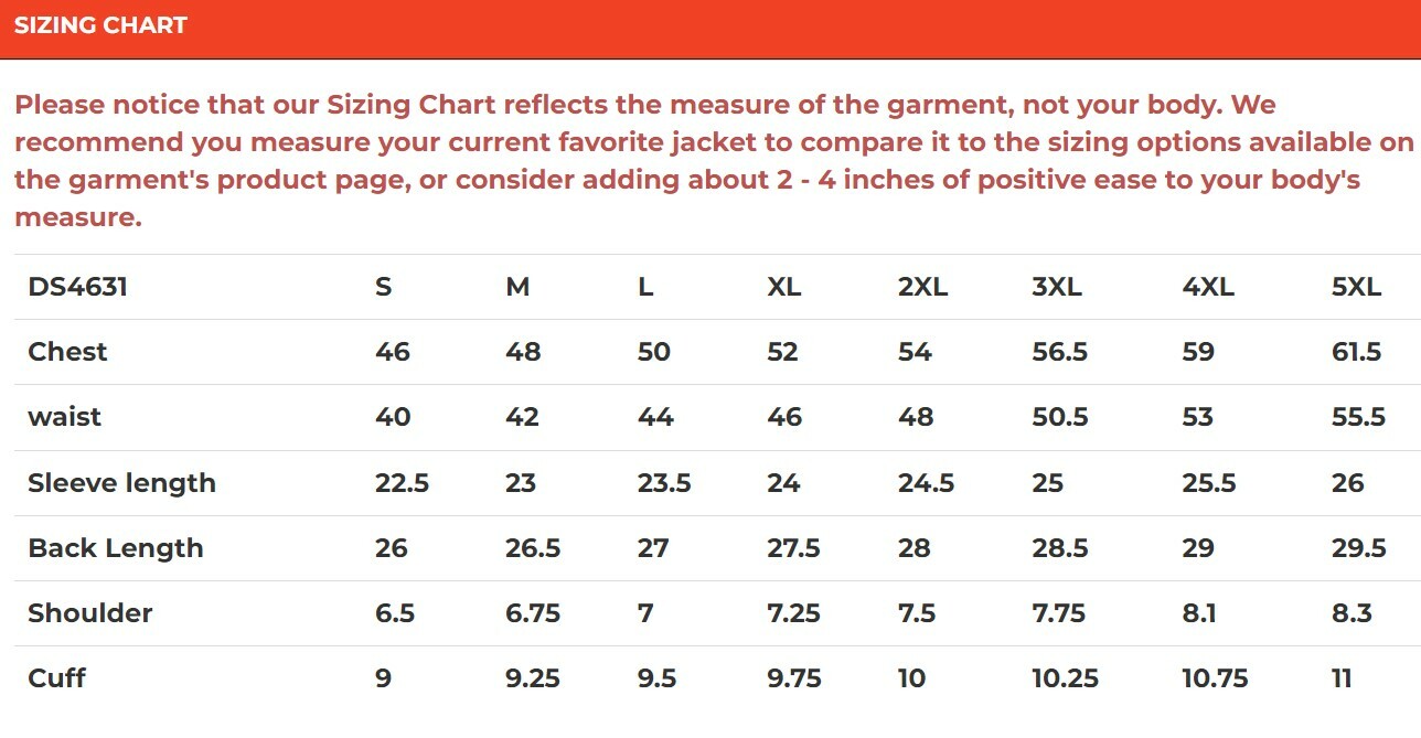 Size chart for men's mesh Hi-Viz motorcycle jacket.