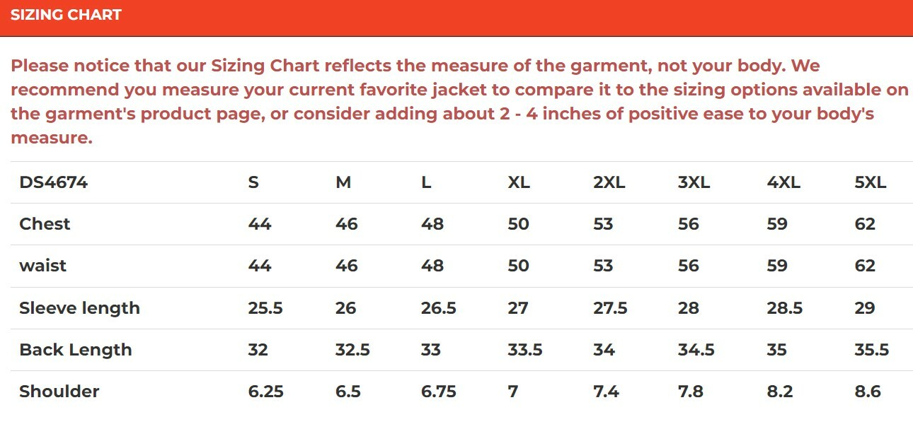 Size chart for men's flannel motorcycle shirt.