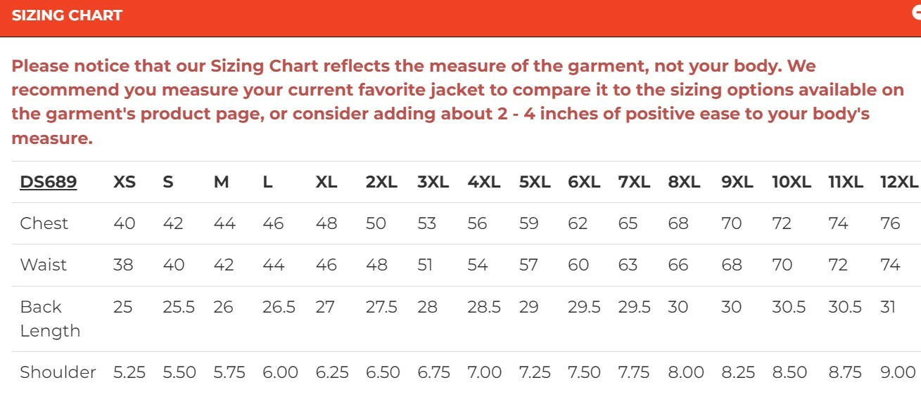 Size chart for men's leather and denim combo motorcycle vest.