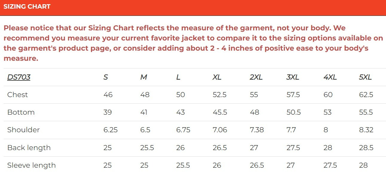 Size chart for men's textile reflective motorcycle jacket.