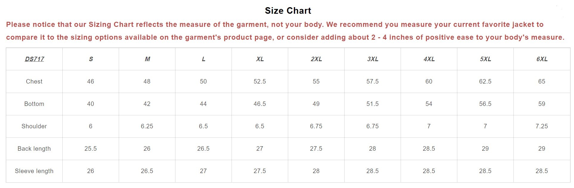 Size chart for men's leather cruiser jacket with removeable hood.