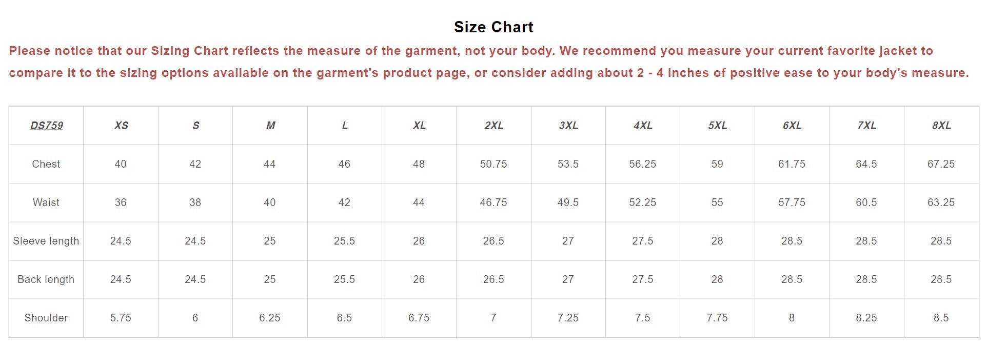 Size chart for men's Embossed Live To Ride motorcycle jacket.