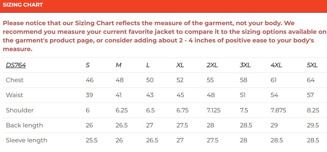 Size chart for men's black mesh motorcycle jacket.