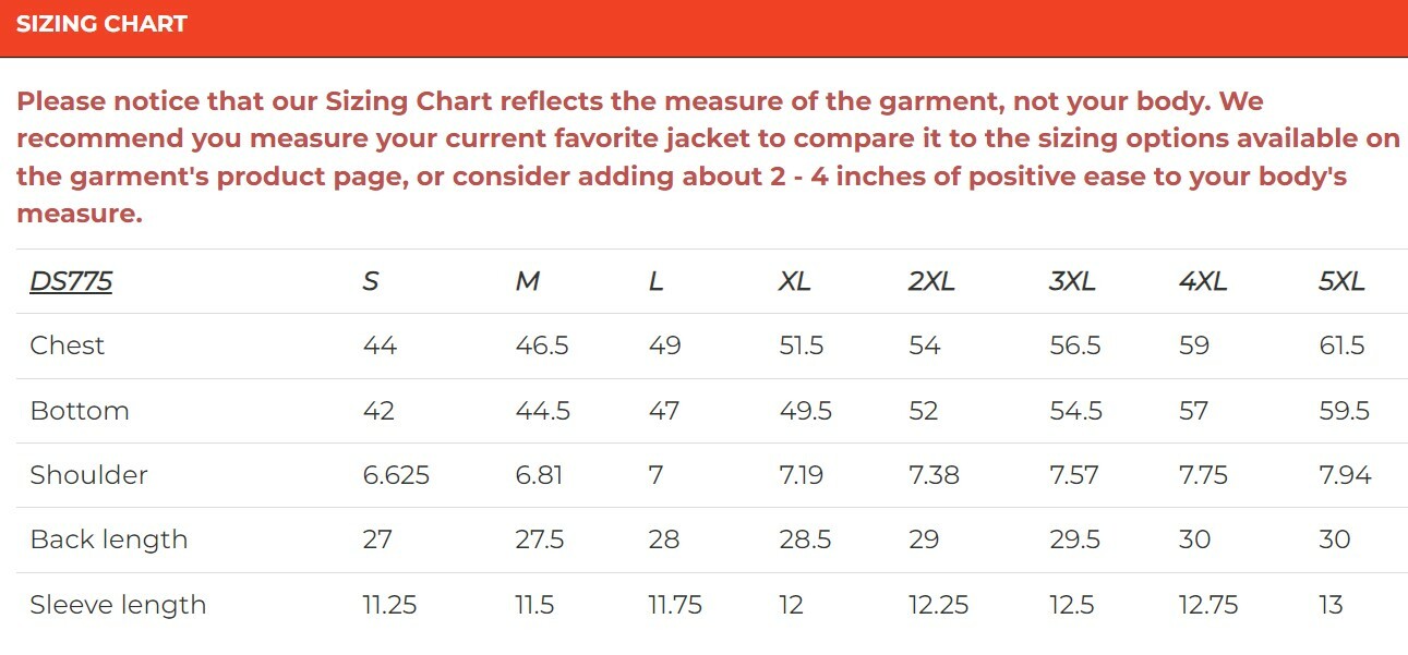 Size chart for men's leather baseball motorcycle shirt.