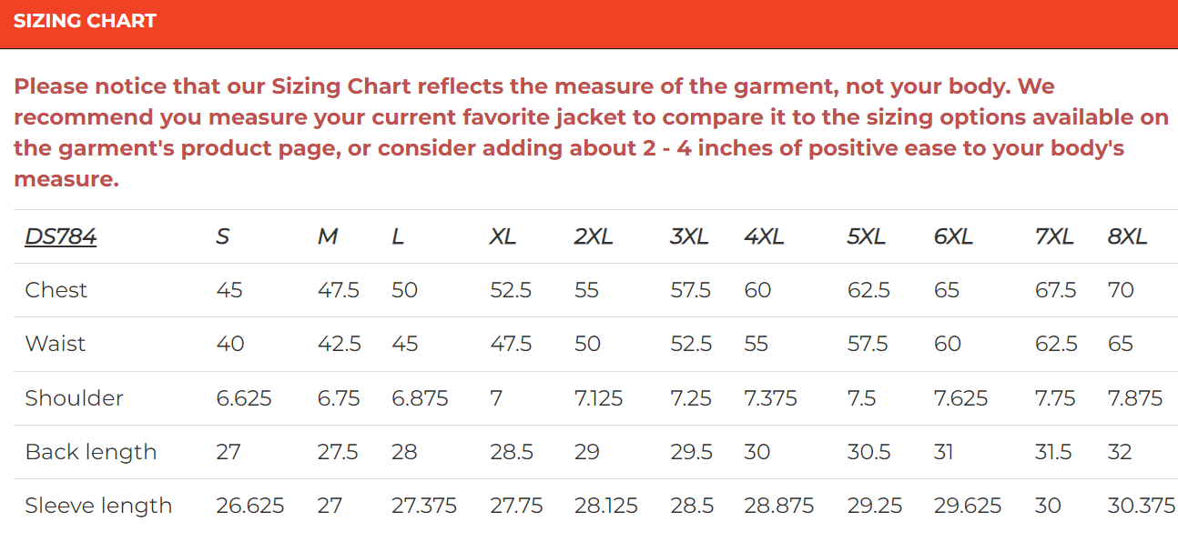 Size chart for men's Full Hand leather biker jacket.