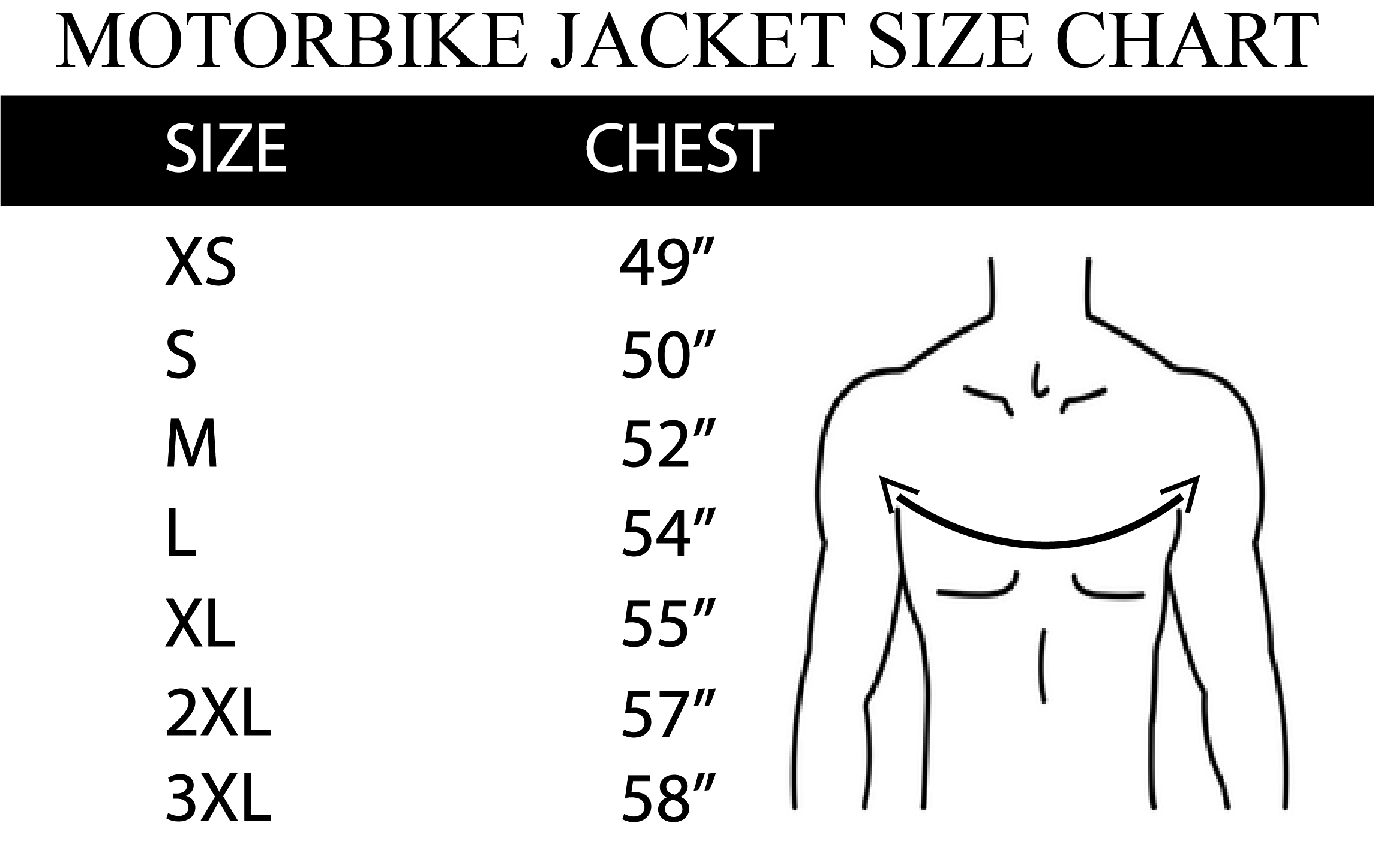 Size chart for men's nylong mesh motorcycle racing style jacket.