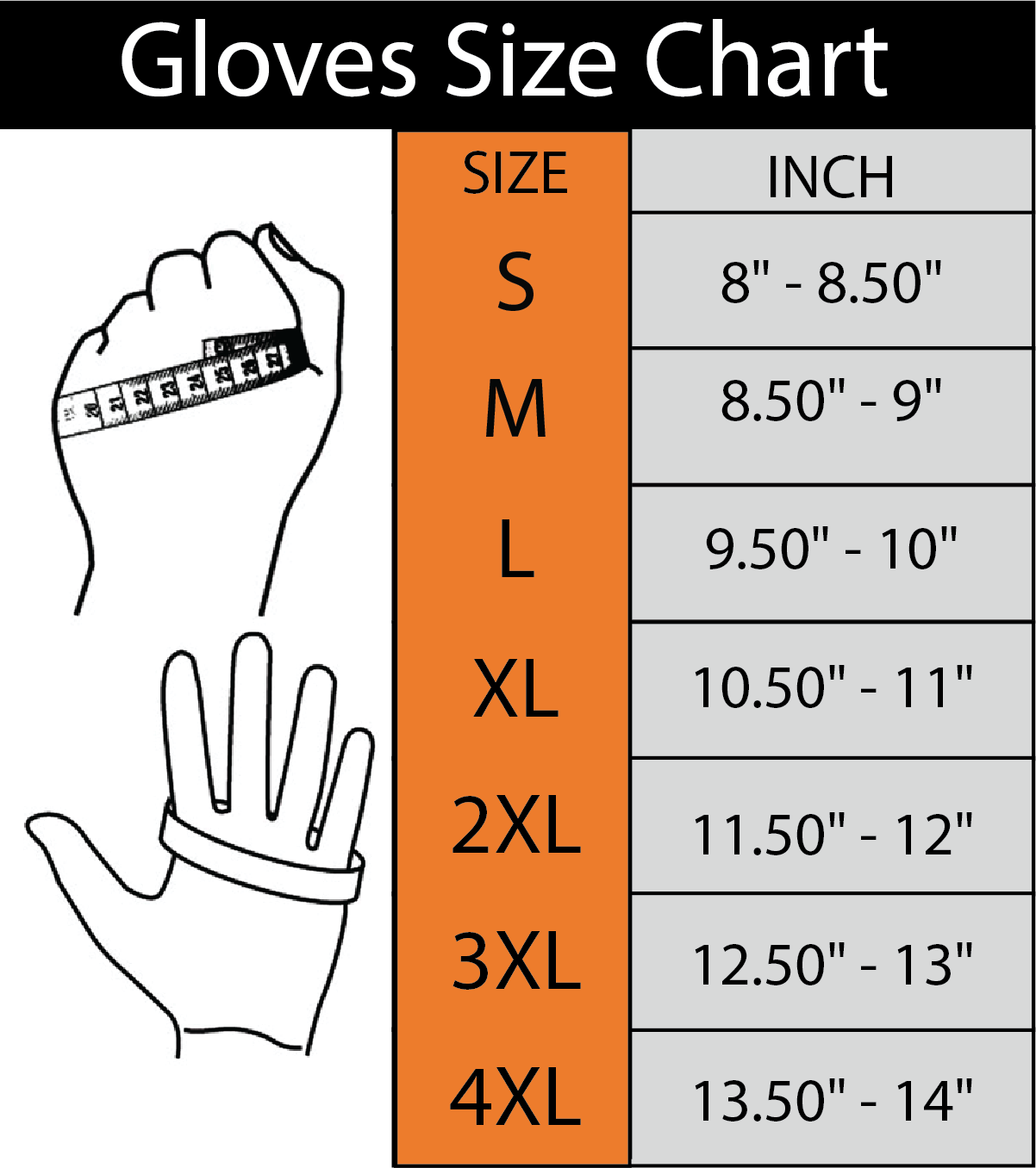 Size chart for men's leather perforated gloves with carbon fiber knuckles.