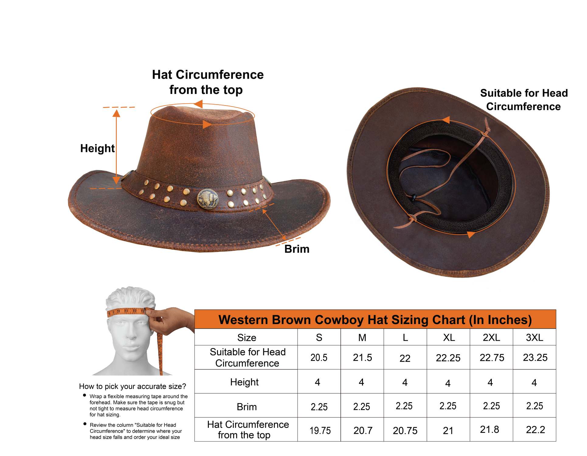 Size chart for brown leather cowboy hat.