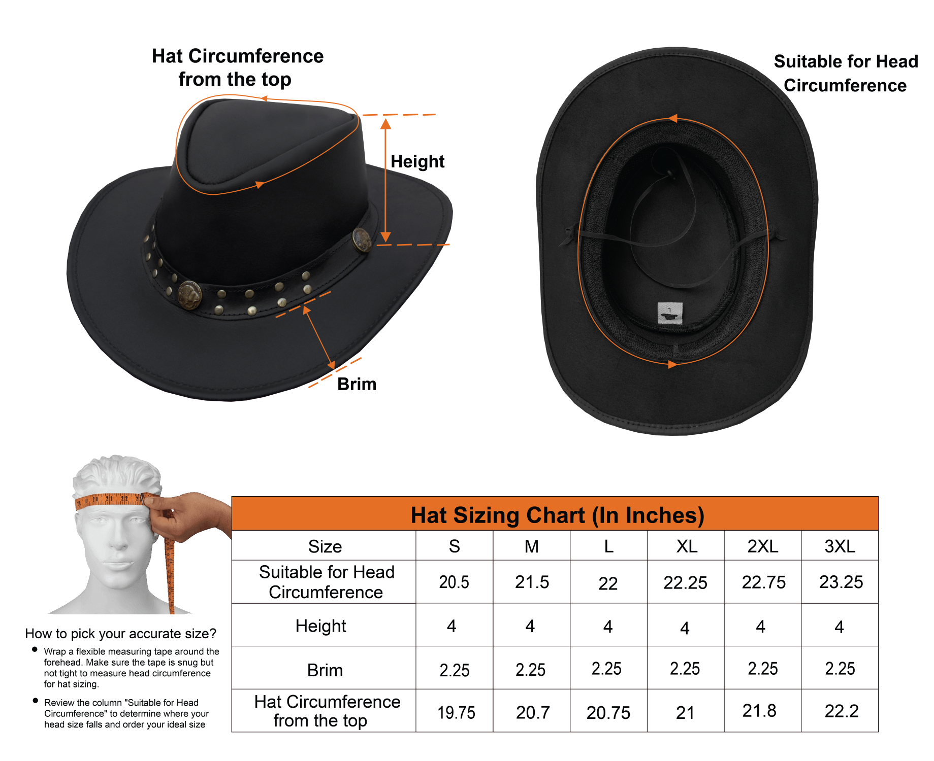 Size chart for black cowboy hat.