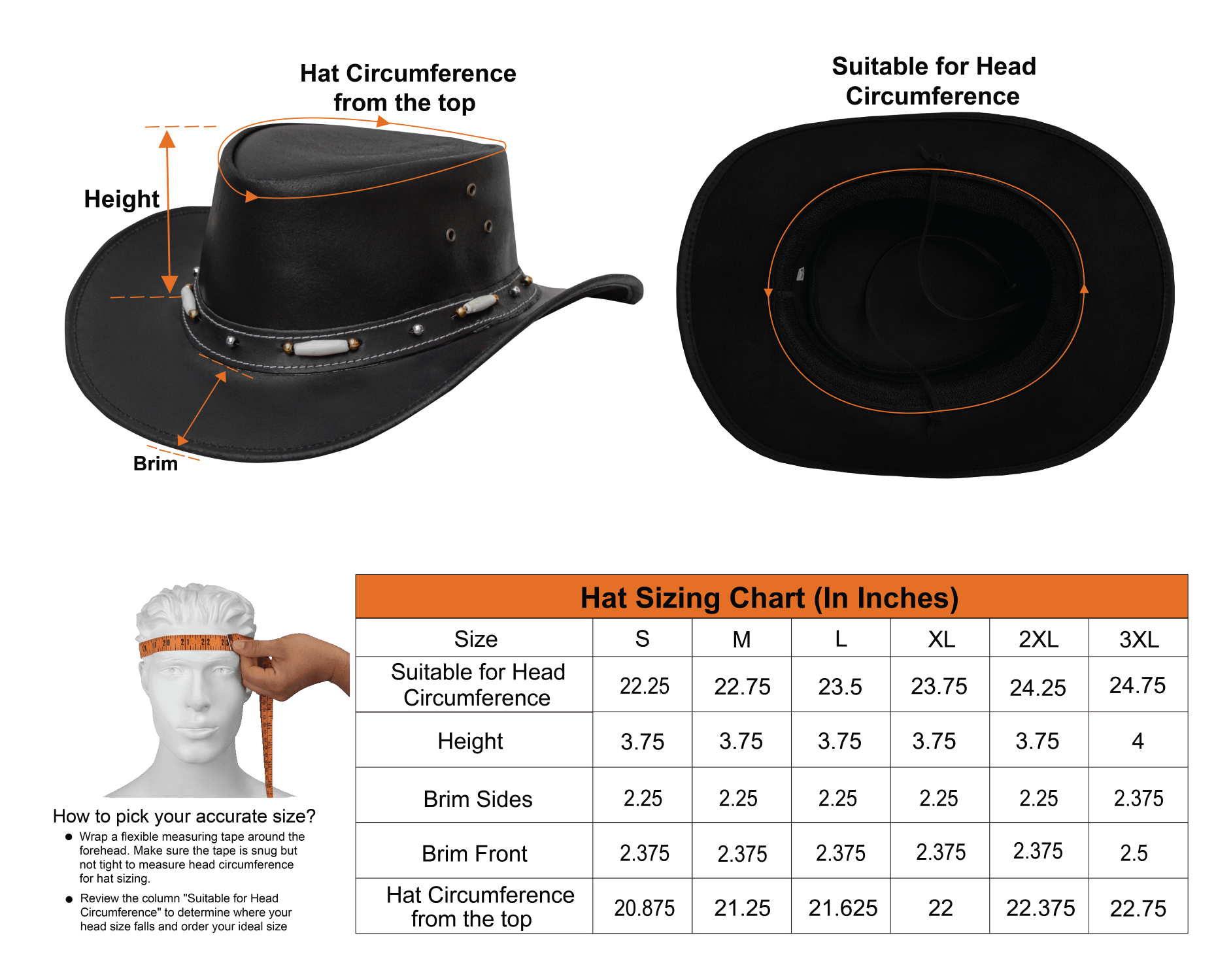 Size chart for black cowboy hat.